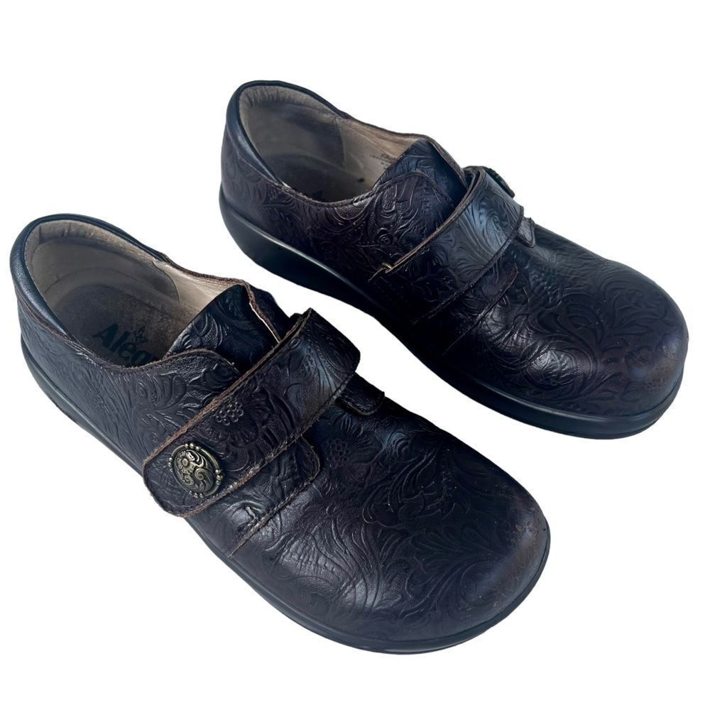 ALEGRIA Mary Jane Leather Clogs‎ Brown Floral Paisley Size 39 EU (8.5 US)